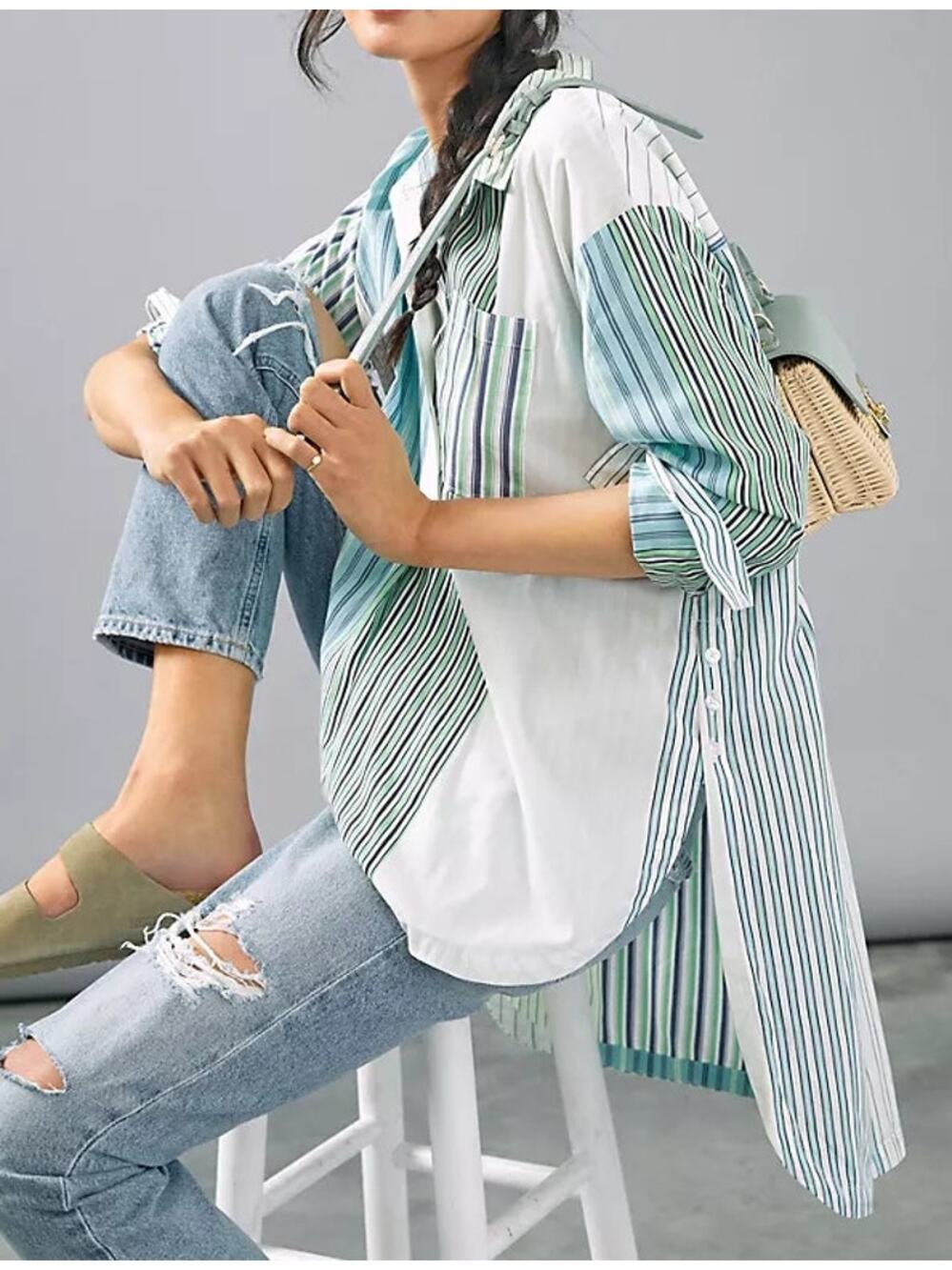 Maeve Anthropologie Alix Henley Striped Long Sleeve Button Up Top Green Medium